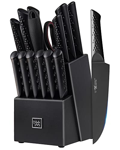 Knife Set , HUNTER 15-Pc knife sets for kitchen with block, Black Kitchen Knife Set ,Dishwasher Safe German Stainless Steel Knife Block Set, Excellence Black