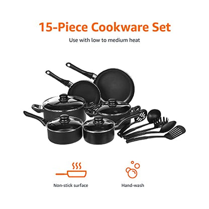 Amazon Basics Non-Stick Cookware Set, Pots, Pans and Utensils - 15-Piece Set