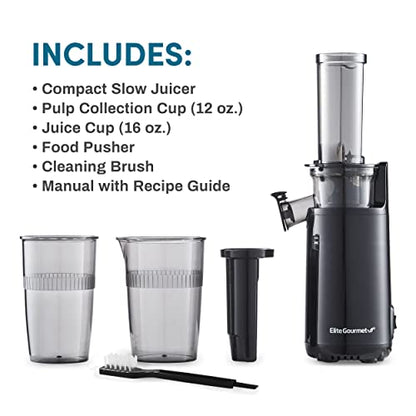 Elite Gourmet EJX600 Compact Small Space-Saving Masticating Slow Juicer, Cold Press Juice Extractor, Nutrient and Vitamin Dense, Easy to Clean, 16 oz Juice Cup, Charcoal Grey