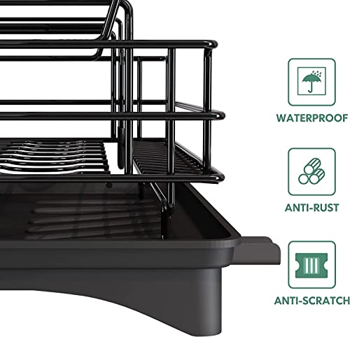 MAJALiS Dish Drying Rack Drainboard Set, 2 Tier Stainless Steel Large Dish Racks with Drainage, Wine Glass Holder, Utensil Holder and Extra Drying Mat, Dish Drainers for Kitchen Counter (Black)