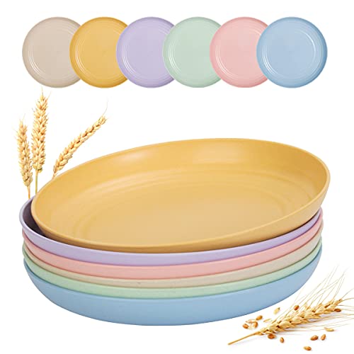 SGAOFIEE 12 PACK 9 Inch Lightweight Wheat Straw Plates, Unbreakable Deep Dinner Plates, Plastic Plates Reusable, Assorted Colors Dinnerware Sets, Microwave & Dishwasher Safe