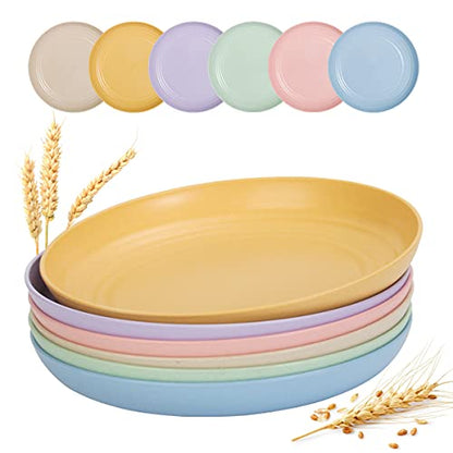 SGAOFIEE 12 PACK 9 Inch Lightweight Wheat Straw Plates, Unbreakable Deep Dinner Plates, Plastic Plates Reusable, Assorted Colors Dinnerware Sets, Microwave & Dishwasher Safe