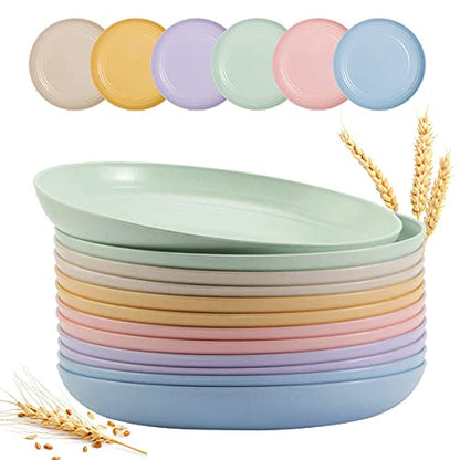 SGAOFIEE 12 PACK 9 Inch Lightweight Wheat Straw Plates, Unbreakable Deep Dinner Plates, Plastic Plates Reusable, Assorted Colors Dinnerware Sets, Microwave & Dishwasher Safe