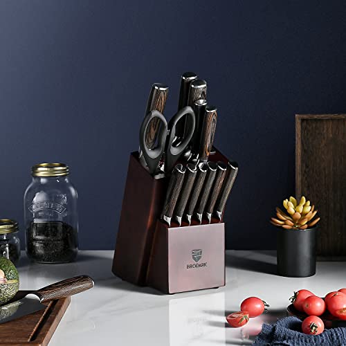 BRODARK Kitchen Knife Set with Block, Upgraded NSF Food Grade 15 PCS German Stainless Steel Professional Chef Knife Set with Knife Sharpener, Ultra Sharp Full Tang Knife Block Set, Best Gift