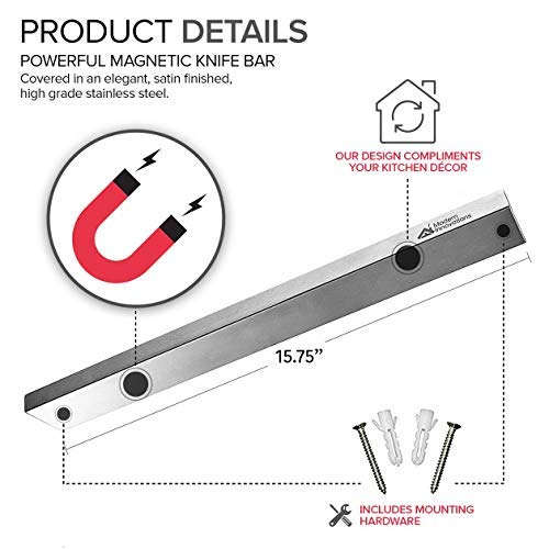 Modern Innovations 16 Inch Stainless Steel Magnetic Knife Bar with Multi-Purpose Functionality as a Knife Holder, Knife Strip, Magnetic Tool Organizer, Art Supply Organizer & Home Organizer