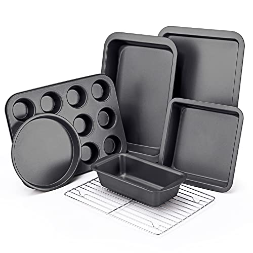 KITESSENSU Baking Pans Sets, Nonstick Bakeware Set 7-Piece with Round/Square Cake Pan, Loaf Pan, Muffin Pan, Cookie Sheet, Roast Pan, Cooling Rack, Carbon Steel Bake Set