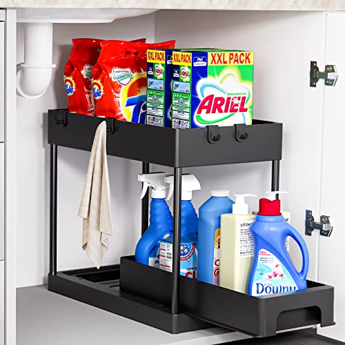 GODDSEVOES Storage Pull, 2 Tier Under-Sink Drawer 4 Hook 1 Cup, Black Under Sliding Cabinet Basket Organizer for Bathroom/Kitchen