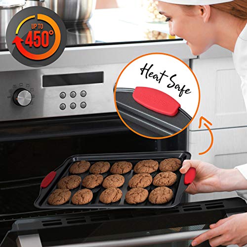 NutriChef Non-Stick Kitchen Oven Baking Pans-Deluxe & Stylish Nonstick Gray Coating Inside & Outside, Commercial Grade Restaurant Quality Metal Bakeware with Red Silicone Handles NCSBS3S, 3 Piece Set