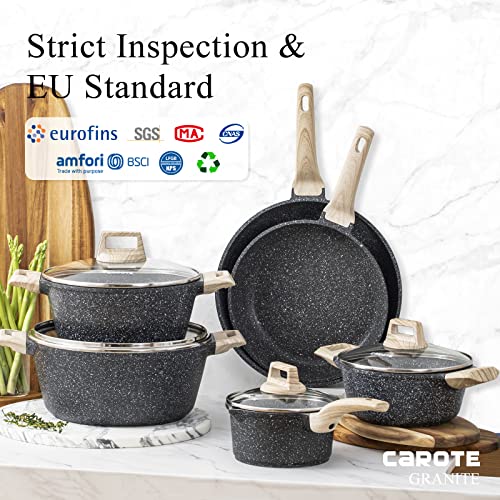 CAROTE Nonstick Granite Cookware Sets, 10 Pcs Pots and Pans Set, Non Stick Stone Kitchen Cookware Set with Frying Pans(Granite, Induction Cookware)