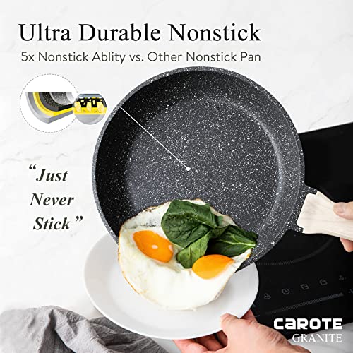 CAROTE Nonstick Granite Cookware Sets, 10 Pcs Pots and Pans Set, Non Stick Stone Kitchen Cookware Set with Frying Pans(Granite, Induction Cookware)