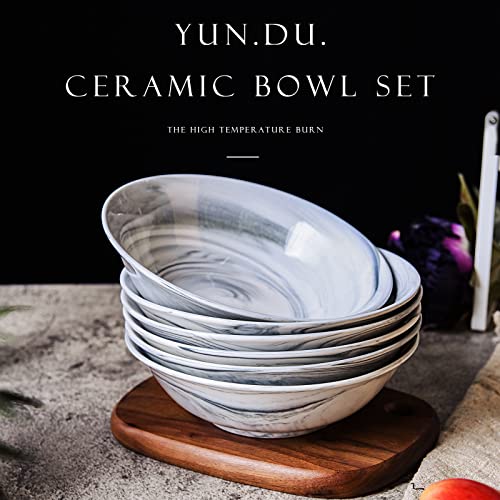 Yundu Grey Marble Ceramics Bowls Set of 6, 28 Ounce Pasta/Cereal/Salad/Soup Bowls for Kitchen, Dishwasher & Microwave Safe