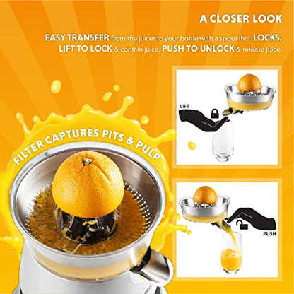 Eurolux Electric Citrus Juicer Squeezer, for Orange, Lemon, Grapefruit, Stainless Steel 160 Watts of Power Soft Grip Handle and Cone Lid for Easy Use (ELCJ-1700S)