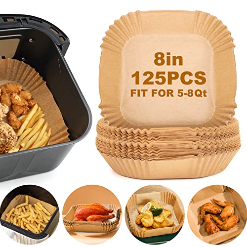 Air Fryer Paper Liners,125Pcs Parchment Paper, Air Fryer Disposable Paper Liner for Microwave, Non-Stick Air Fryer Liners Square Free of Bleach (8IN)