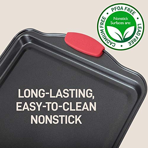 NutriChef Non-Stick Kitchen Oven Baking Pans-Deluxe & Stylish Nonstick Gray Coating Inside & Outside, Commercial Grade Restaurant Quality Metal Bakeware with Red Silicone Handles NCSBS3S, 3 Piece Set