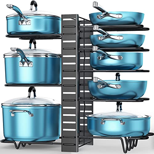 ORDORA Pots and Pans Organizer for Cabinet, 8 Tier Pot Rack with 3 DIY Methods, Adjustable Pan Organizer Rack for Cabinet, Pot Organizer for Kitchen Organization & Storage, Pot Lid Organizer